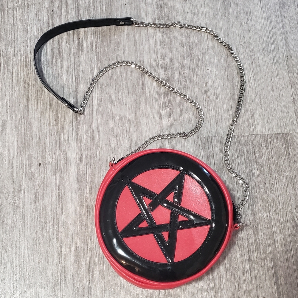Dolls Kill Widow Black Pentagram Red Purse Silver Chain Crossbody GUC